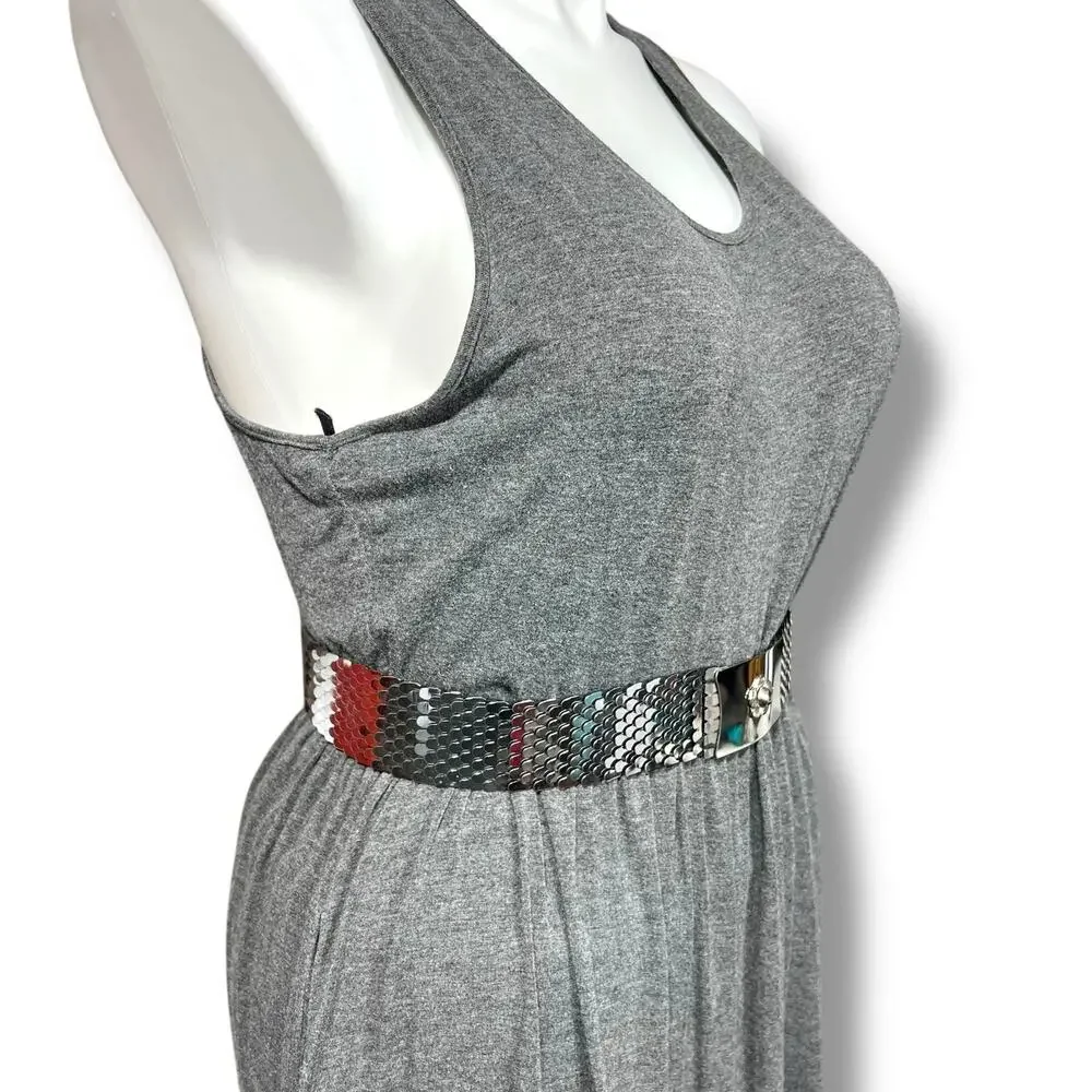 Vintage 80s 90s Womens Wide Scale Stretch Belt Flower Buckle Accent Silver Tone